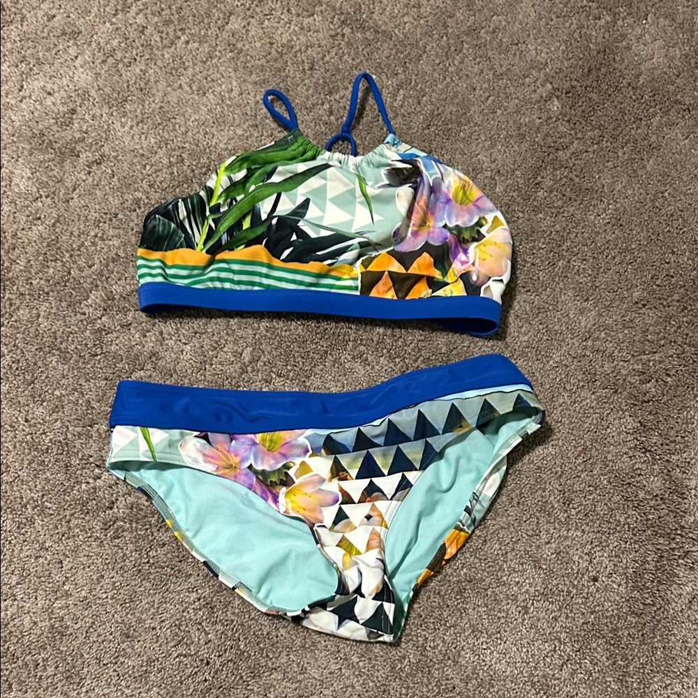 Title Nine Geometric Floral Bikini - Blue and Green